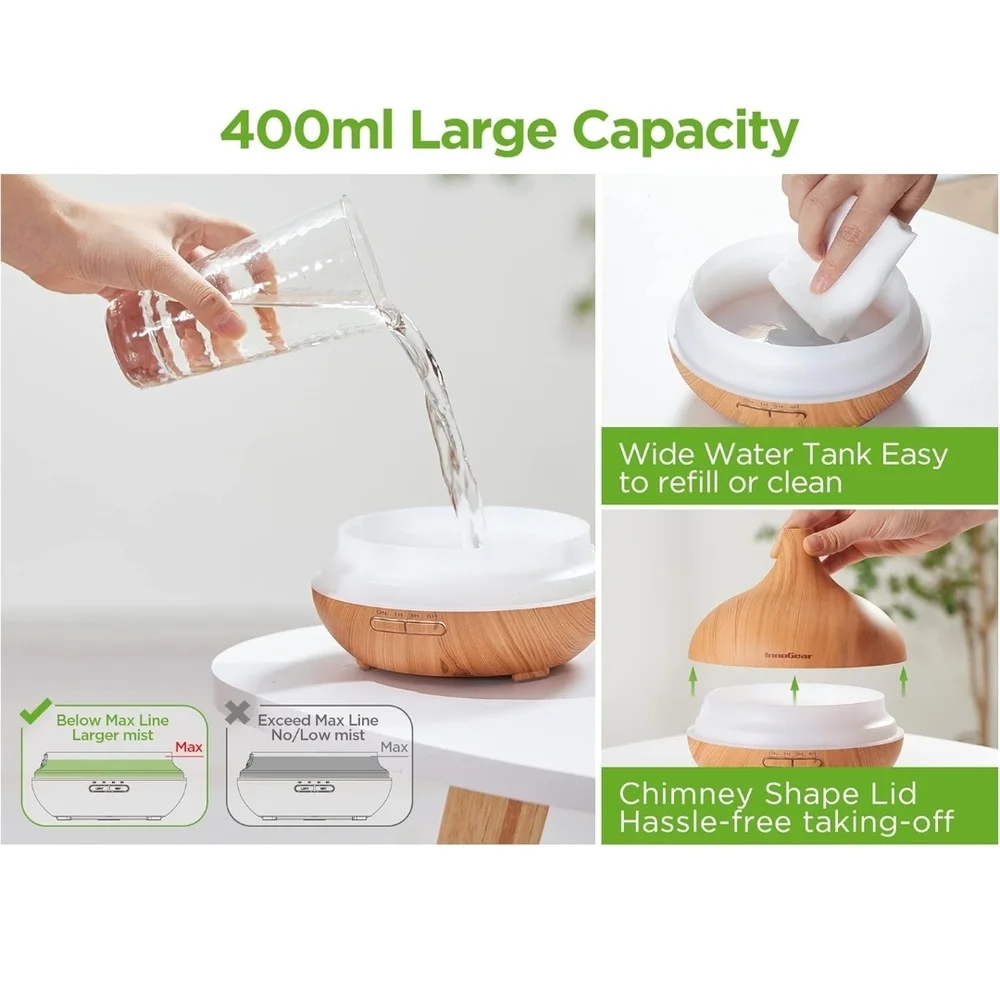 400ml Diffuser Ultrasonic Diffuser Cool Mist Humidifier with 4 Timers 7 Colors